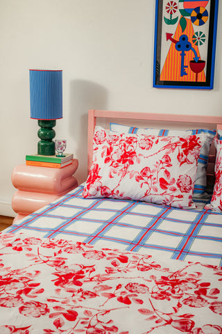 Bed Linen Set (Flowers/Light Blue Check)