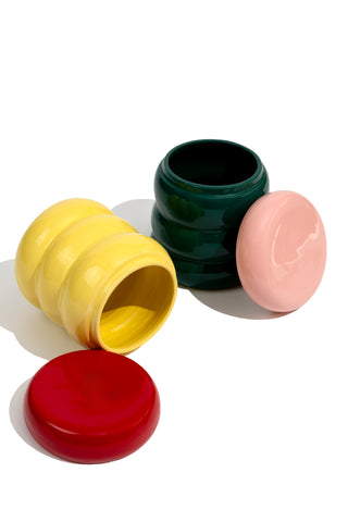 karavan clothing fashion fall winter 25 homecoming homeware collection ceramic jar yellow red dark green pink