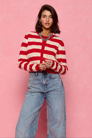 karavan clothing fashion spring summer 26 nai collection kyra knitted cardigan ivory red stripes