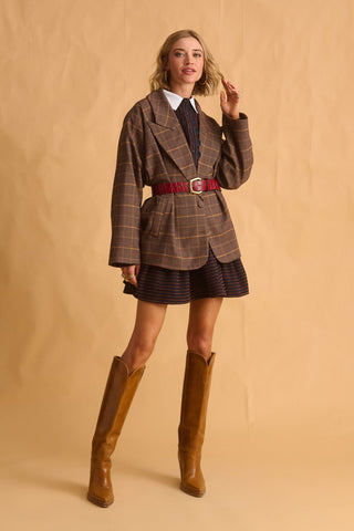 karavan clothing fashion fall winter 25 homecoming krvn collection amber mini dress blue brown stripes