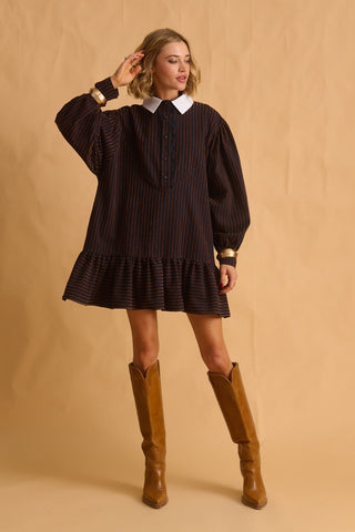 karavan clothing fashion fall winter 25 homecoming krvn collection amber mini dress blue brown stripes