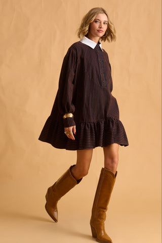 karavan clothing fashion fall winter 25 homecoming krvn collection amber mini dress blue brown stripes