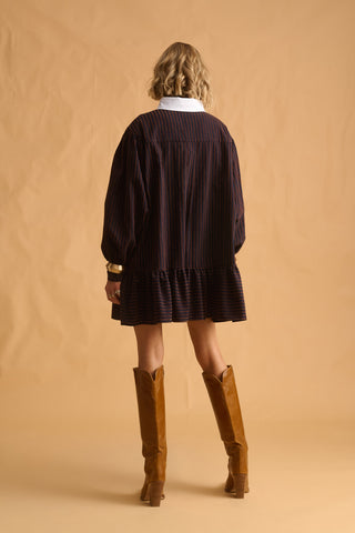 karavan clothing fashion fall winter 25 homecoming krvn collection amber mini dress blue brown stripes