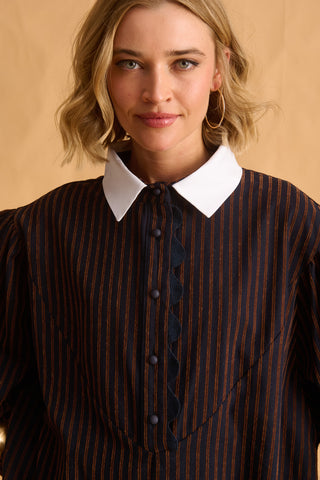 karavan clothing fashion fall winter 25 homecoming krvn collection amber mini dress blue brown stripes