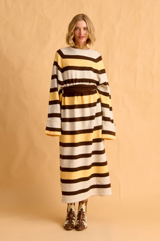 karavan clothing fashion fall winter 25 homecoming krvn collection aspen knitted dress black lemon stripes