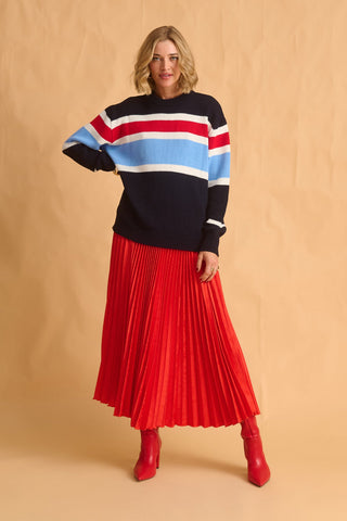 karavan clothing fashion fall winter 25 homecoming krvn collection nivia knitted sweater blue red stripes