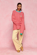karavan loungewear planet fall winter 26' collection rosalin sweater pink red lines