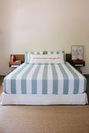 karavan clothing planet homeware collection spring summer 25 fitted sheet pistachio stripes