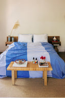 karavan clothing planet homeware collection spring summer 25 flat sheet four blues stripes