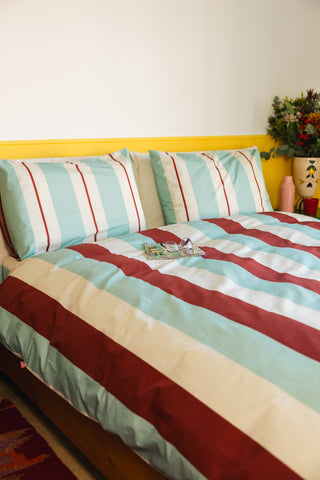 karavan clothing planet homeware collection fall winter 25 26 duvet cover burgundy ivory mint stripes