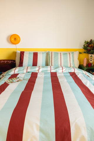 karavan clothing planet homeware collection fall winter 25 26 duvet cover burgundy ivory mint stripes