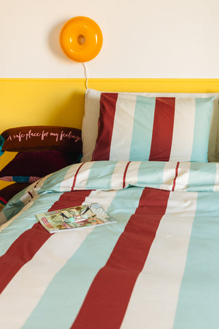 karavan clothing planet homeware collection fall winter 25 26 duvet cover burgundy ivory mint stripes