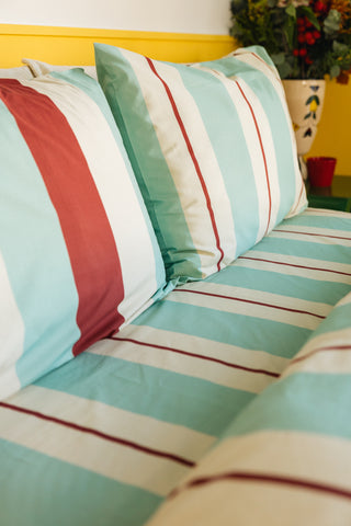 karavan clothing planet homeware collection fall winter 25 26 fitted sheet mint burgundy ivory stripes