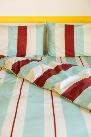 karavan clothing planet homeware collection fall winter 25 26 duvet cover burgundy ivory mint stripes