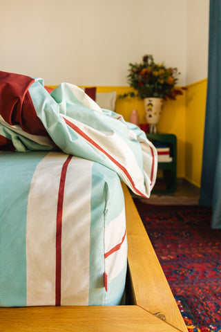 karavan clothing planet homeware collection fall winter 25 26 fitted sheet mint burgundy ivory stripes