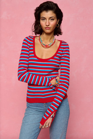 karavan clothing fashion spring summer 26 nai collection margot knitted top turquoise red stripes