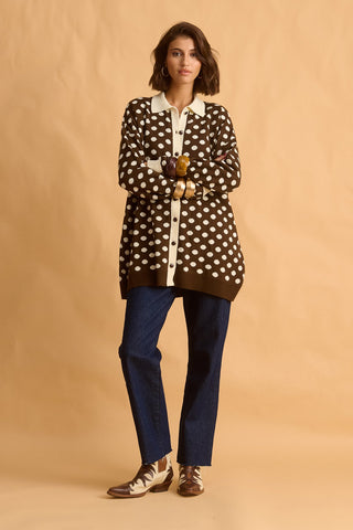 karavan clothing fashion fall winter 25 homecoming krvn collection jarnett knitted shirt brown ivory polka dots