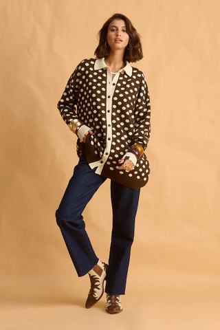 karavan clothing fashion fall winter 25 homecoming krvn collection jarnett knitted shirt brown ivory polka dots