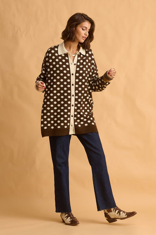 karavan clothing fashion fall winter 25 homecoming krvn collection jarnett knitted shirt brown ivory polka dots
