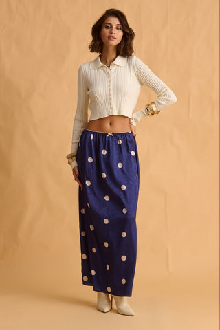 karavan clothing fashion fall winter 25 krvn homecoming collection judy skirt dark blue polka dots
