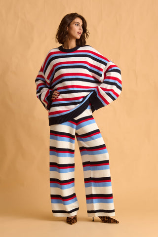 karavan clothing fashion fall winter 25 homecoming krvn collection lumi knitted trousers blue red ivory stripes