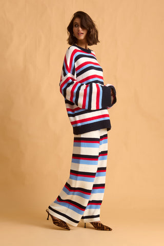 karavan clothing fashion fall winter 25 homecoming krvn collection lumi knitted trousers blue red ivory stripes