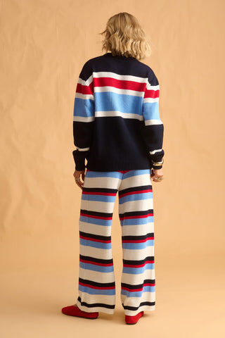 karavan clothing fashion fall winter 25 homecoming krvn collection lumi knitted trousers blue red ivory stripes