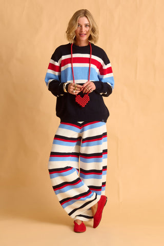 karavan clothing fashion fall winter 25 homecoming krvn collection lumi knitted trousers blue red ivory stripes