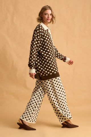 karavan clothing fashion fall winter 25 homecoming krvn collection jarnett knitted shirt brown ivory polka dots
