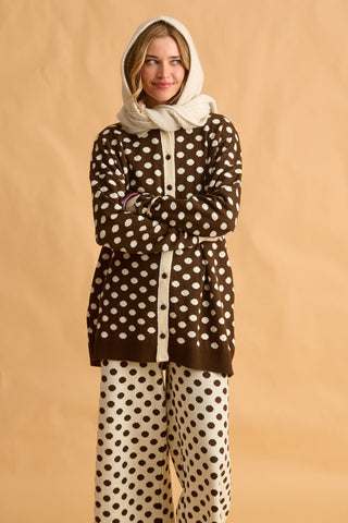 karavan clothing fashion fall winter 25 homecoming krvn collection jarnett knitted shirt brown ivory polka dots