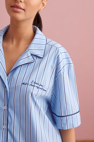 karavan clothing fashion spring summer 24 that moment homeware sleepware satin pyjamas top blue stripes