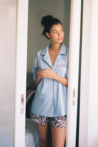 karavan clothing fashion spring summer 24 that moment homeware sleepware satin pyjamas shirt blue stripes