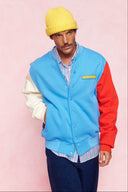 karavan men fall winter 26' collection leandro varsity jacket light blue ivory red