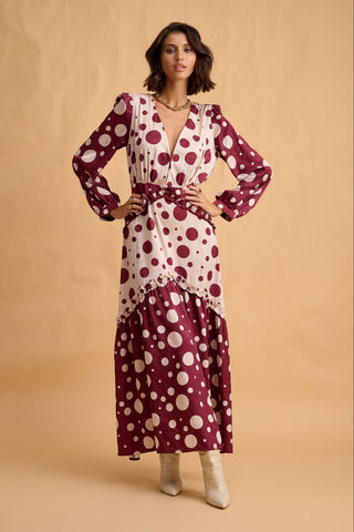 karavan clothing fashion fall winter 25 homecoming collection areta dress polka dots ivory bordeaux