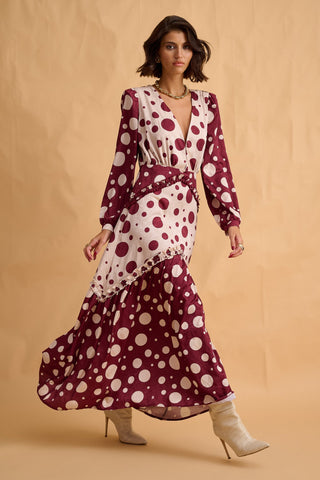 karavan clothing fashion fall winter 25 homecoming collection areta dress polka dots ivory bordeaux