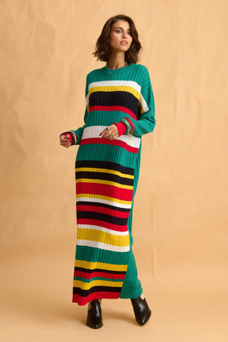 karavan clothing fashion fall winter 25 homecoming collection ariadne knitted dress green yellow black stripes