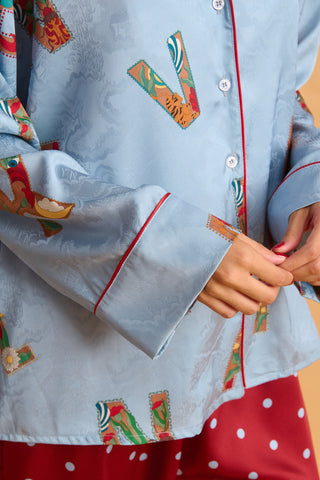 karavan clothing fashion fall winter 25 homecoming homeware collection  light blue letters shirt