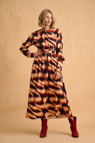 karavan clothing fashion fall winter 25 homecoming collection cate dress abstract bordeaux yellow