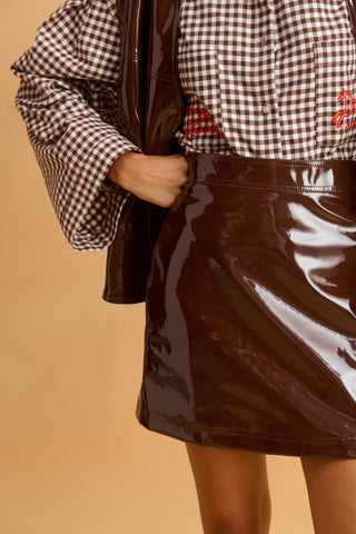 karavan clothing fashion fall winter 25 homecoming collection dorrin mini skirt brown