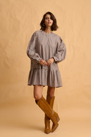 karavan clothing fashion fall winter 25 homecoming collection gillian mini dress brown checked