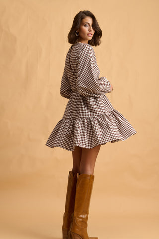 karavan clothing fashion fall winter 25 homecoming collection gillian mini dress brown checked