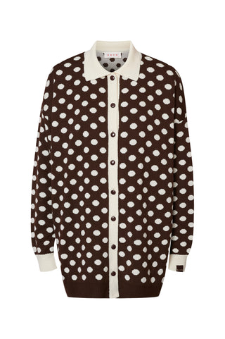 karavan clothing fashion fall winter 25 homecoming krvn collection jarnett knitted shirt brown ivory polka dots