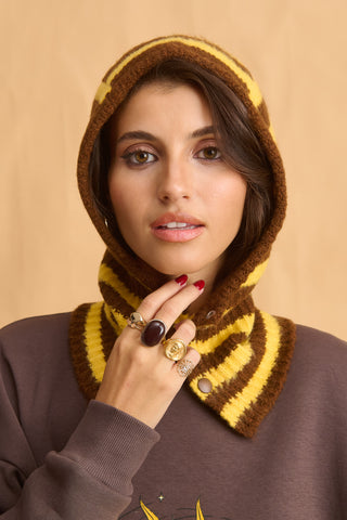 karavan clothing fashion fall winter 25 homecoming collection veronika balaclava yellow brown stripes