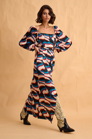 karavan clothing fashion fall winter 25 homecoming collection luisa dress  ivory petrol abstract