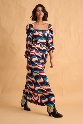 karavan clothing fashion fall winter 25 homecoming collection luisa dress  ivory petrol abstract