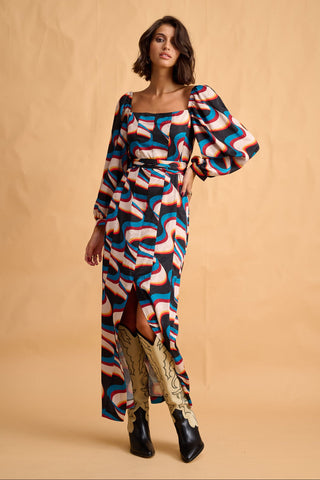 karavan clothing fashion fall winter 25 homecoming collection luisa dress  ivory petrol abstract