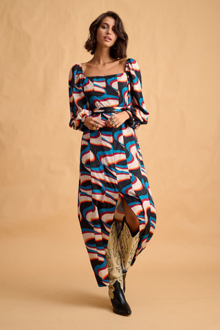 karavan clothing fashion fall winter 25 homecoming collection luisa dress  ivory petrol abstract