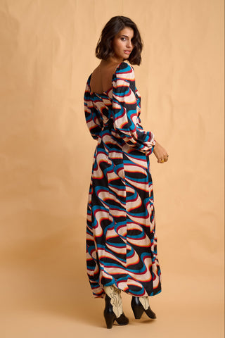 karavan clothing fashion fall winter 25 homecoming collection luisa dress  ivory petrol abstract