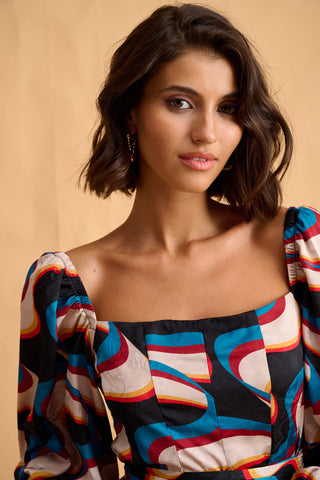 karavan clothing fashion fall winter 25 homecoming collection luisa dress  ivory petrol abstract