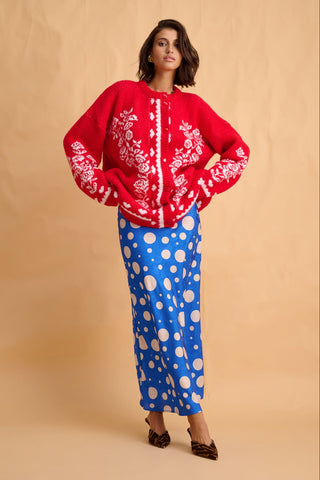 karavan clothing fashion fall winter 25 homecoming collection neville knitted cardigan red